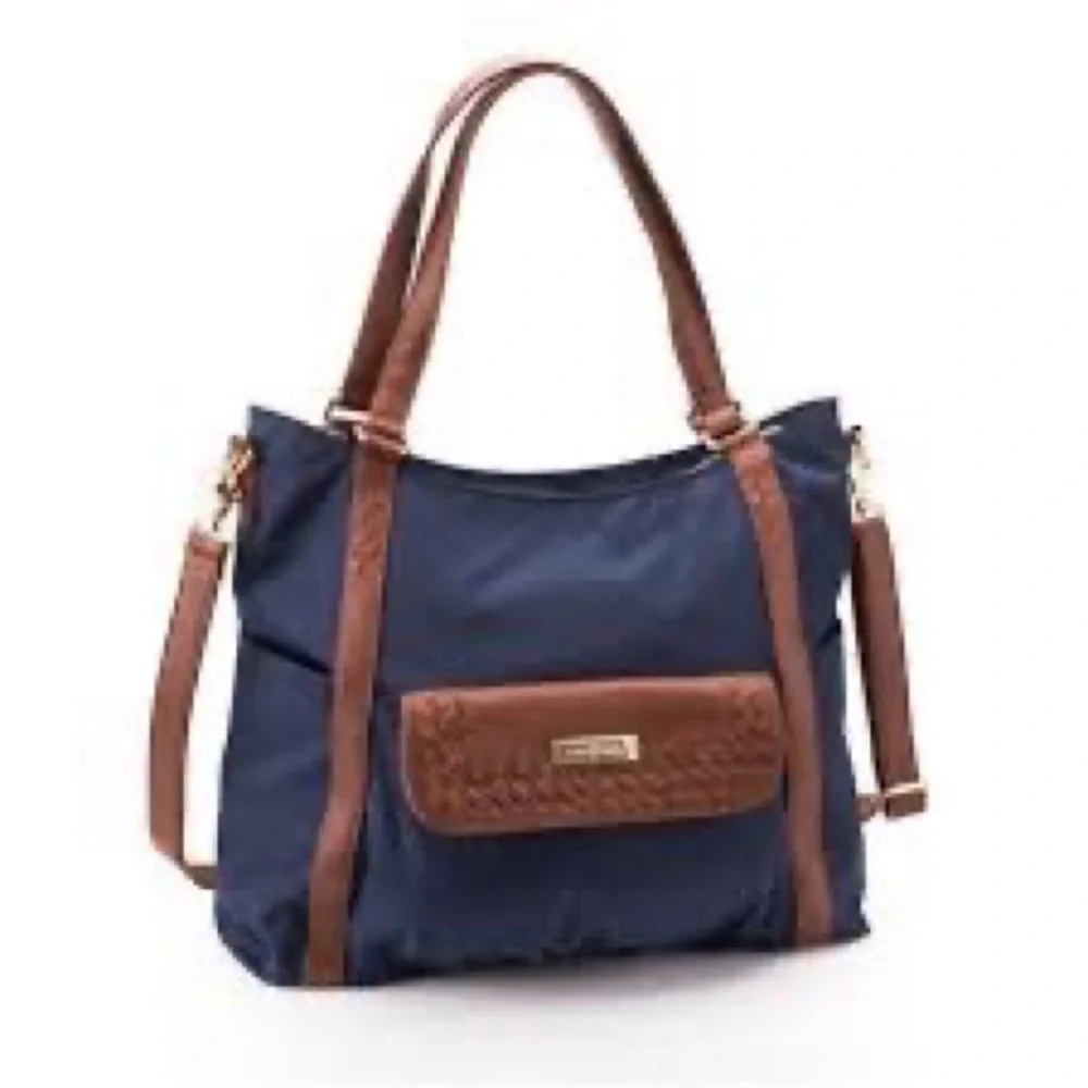 Lily Jade Navy blue brown leather Diaper bag convertible EUC